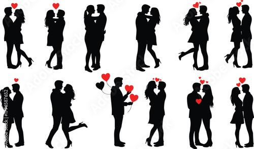 Romantic couple silhouette set, love pose vector, heart symbol design, affectionate gesture illustration, relationship moment graphics, Valentine theme collection