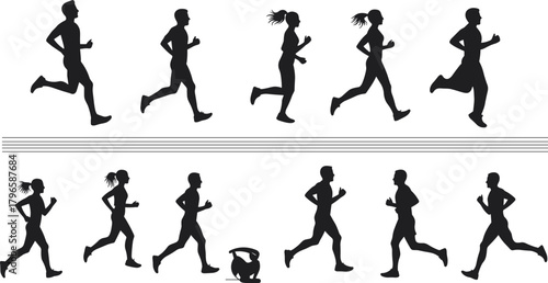 Running silhouette illustration set, athletic motion vector, fitness and exercise design, sports activity graphics, human movement collection