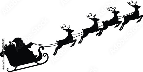 Santa sleigh silhouette, flying reindeer, Christmas icon, gift sack, festive vector, holiday scene, black illustration, white background, winter folklore