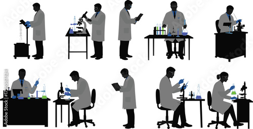 Scientist silhouettes, lab coat figures, microscope, test tube, flask, Bunsen burner, research poses, black vector icons, science activity, white background