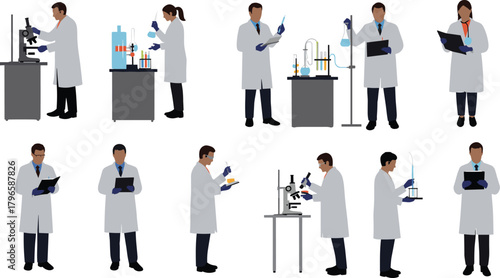 Scientist silhouettes, lab coat figures, microscope, flask, clipboard, experiment poses, black vector icons, research activity, white background, chemistry biology