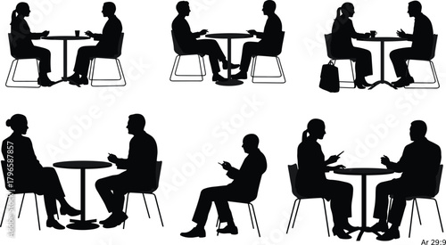 Seated conversation silhouettes, table interaction, casual meeting, mobile device use, black vector icons, social behavior, white background, gesture study