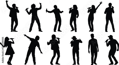 Singer silhouette set, black vector icons, microphone performance poses, expressive stage gestures, live concert energy, music entertainment graphics