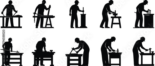 Woodworking silhouettes collection, carpentry workbench poses, craftsmen using saws hammers clamps measuring tools, woodshop scenes, CAD drawing flat vector illustration