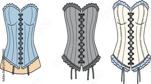 Vintage corset illustration, fashion sketch, lace-up bustier, stylized garment design, costume reference, lingerie art, decorative trim, apparel concept