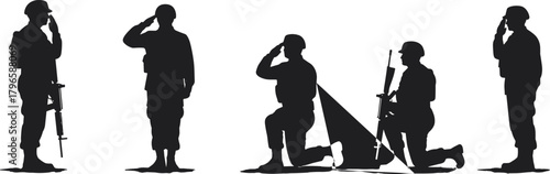 Soldier saluting silhouettes, military respect, rifle poses, kneeling tribute, folded flag, black vector icons, honor gesture, white background, solemn scene