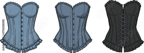 Vintage corset fashion illustration, front and back views, lace trim, garment design, lingerie sketch, technical drawing, apparel reference, blueprint