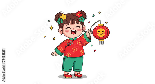 Adorable cartoon girl in traditional Chinese attire holding a festive lantern.