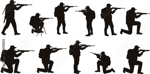 Tactical shooter silhouette set, rifle stance poses, military training vector, hunting posture illustration, combat gear design, shooting activity collection