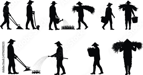 Traditional farmer silhouette set, agricultural activity poses, crop harvesting vector, rural labor illustration, manual farming design, fieldwork posture collection