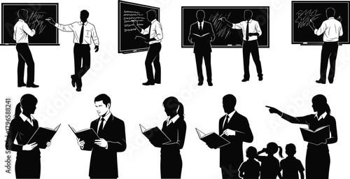 Teacher and student silhouette set, classroom education icons, black vector designs, chalkboard scenes, reading activities, learning environment graphics