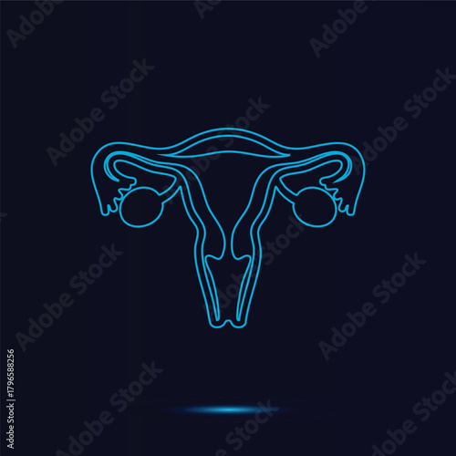 Futuristic Blue Neon Outline Vector Illustration Of The Female Reproductive System Showing Detailed Anatomy Of The Uterus Ovaries And Fallopian Tubes On A Dark Background For Medical Educati