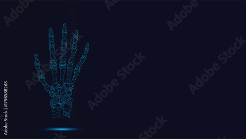 Futuristic Low Poly Human Hand Skeleton Illustration Showing Detailed Bone Structure And Anatomy With Glowing Blue Lines On A Deep Navy Background For Advanced Medical Technology Concepts An