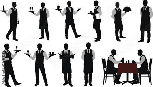 Waiter silhouette set, restaurant service poses, dining scene illustration, hospitality staff vector, food serving design, waiter activity posture collection