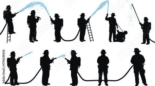Firefighter silhouettes, hose spray, ladder climb, emergency action, rescue gear, fire truck, teamwork, black vector icons, safety illustration, helmet pose