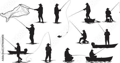 Fishing silhouette set, angler activity poses, boat and shore vector, casting net illustration, fishing rod design, outdoor sport posture collection