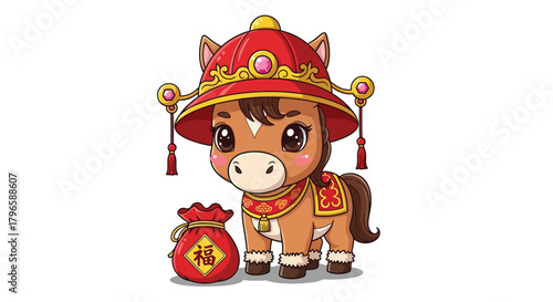 Adorable Cartoon Horse Wearing Traditional Chinese Hat and Holding Lucky Bag.