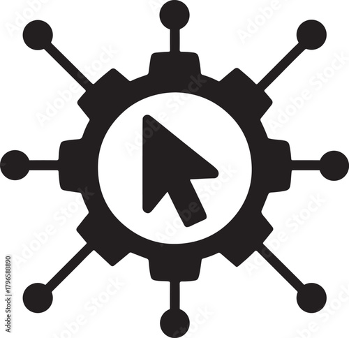 Silhouette mouse cursor inside gear with circuit spokes symbolizing digital engineering automation.