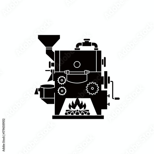 Silhouetted illustration of a coffee roasting machine with a hopper, gears, and fire underneath