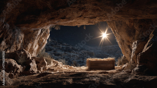 A manger filled with hay inside a cave with a bright star shining in the night sky