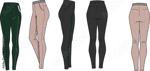 Women’s fashion pants illustration, technical garment sketch, front side back view, high waist trousers, dark green, light pink, apparel design