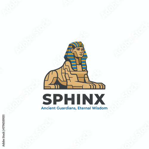 A regal sphinx, a mythological creature, depicted in shades of tan, blue, and gold