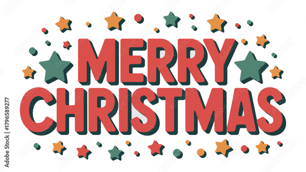 Fototapeta premium Merry Christmas Text Design: A vibrant holiday greeting adorned with festive stars and a message of cheer, perfect for seasonal celebrations and joyful wishes.