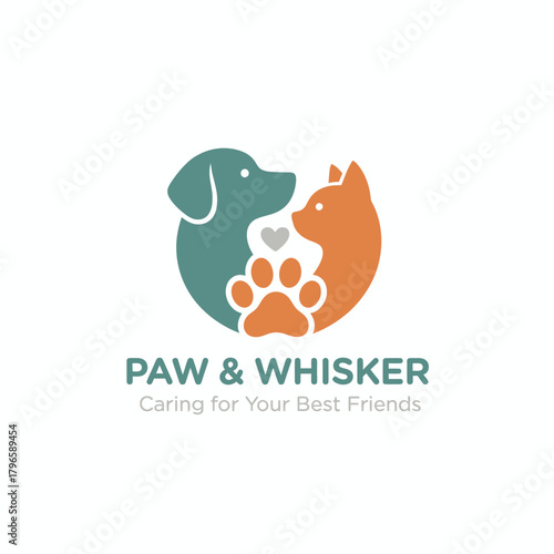 A logo shows a dog and cat silhouette within a circle shape, with paw and a heart, and text below