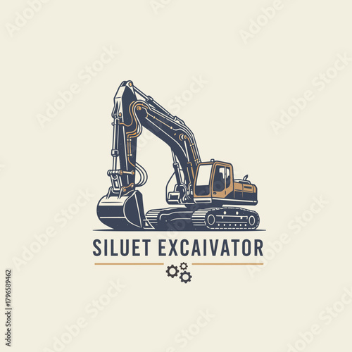A detailed illustration of an excavator, with a stylized design and text