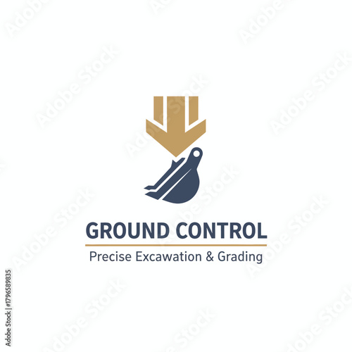 A construction logo featuring an excavator bucket with an arrow above, and supporting text below