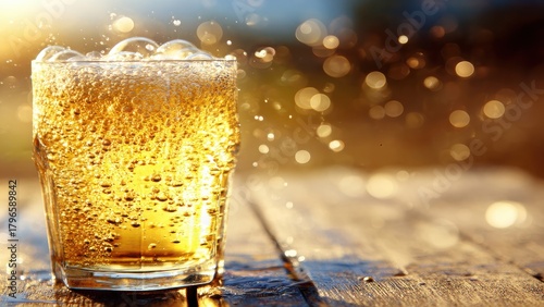 Glass of Fizzy Golden Drink with Bubbles and Bokeh Lights beverage sparkling