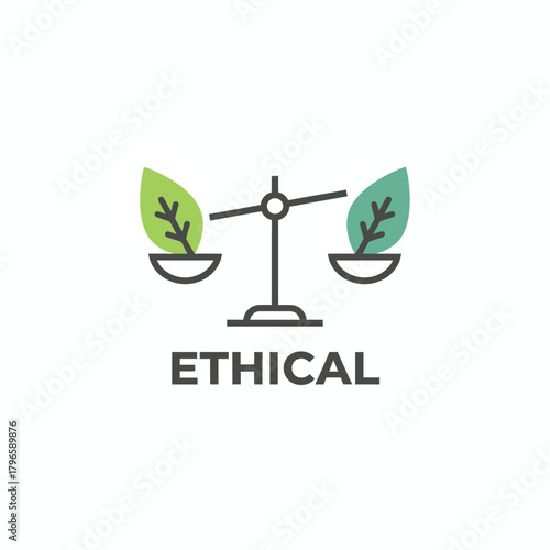 A balanced scale icon with leaves, representing ethical principles, accompanied by the word "ETHICAL