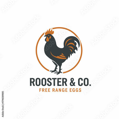 A rooster illustration, encircled, features dark grey, orange accents, standing upright. Below, text announces "Free Range Eggs.