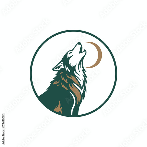Illustration of a wolf howling at a crescent moon within a circle, various greens and browns