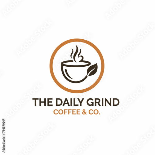 A logo design featuring a coffee cup with steam, a leaf, and a brown circular border