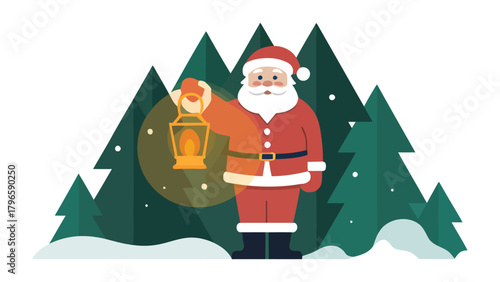 Santa's Guiding Light: A cheerful Santa Claus figure, adorned in his iconic red suit, carries a glowing lantern, illuminating the winter wonderland.
