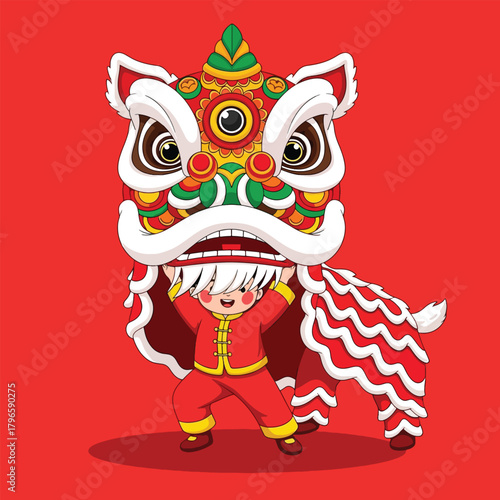 Festive Chinese Lion Dance Performer in Traditional Costume.