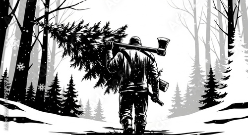 Man carrying a freshly cut Christmas tree and an axe on his shoulder.