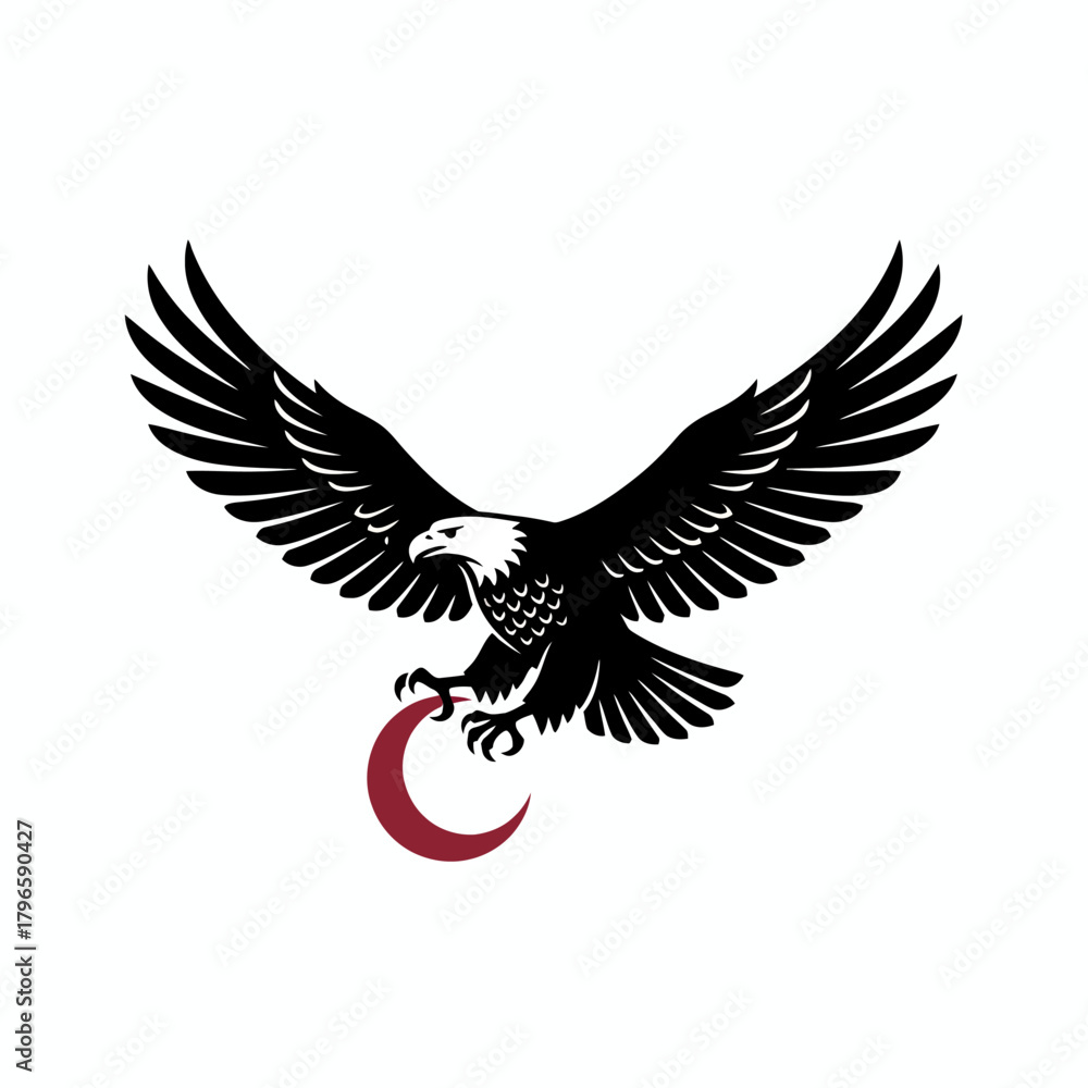 Obraz premium A black eagle with outstretched wings and a white head grasps a maroon crescent moon against white