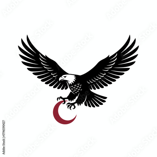 A black eagle with outstretched wings and a white head grasps a maroon crescent moon against white