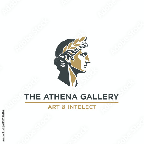 Stylized illustration of a classical bust wearing a laurel wreath, with accompanying text below