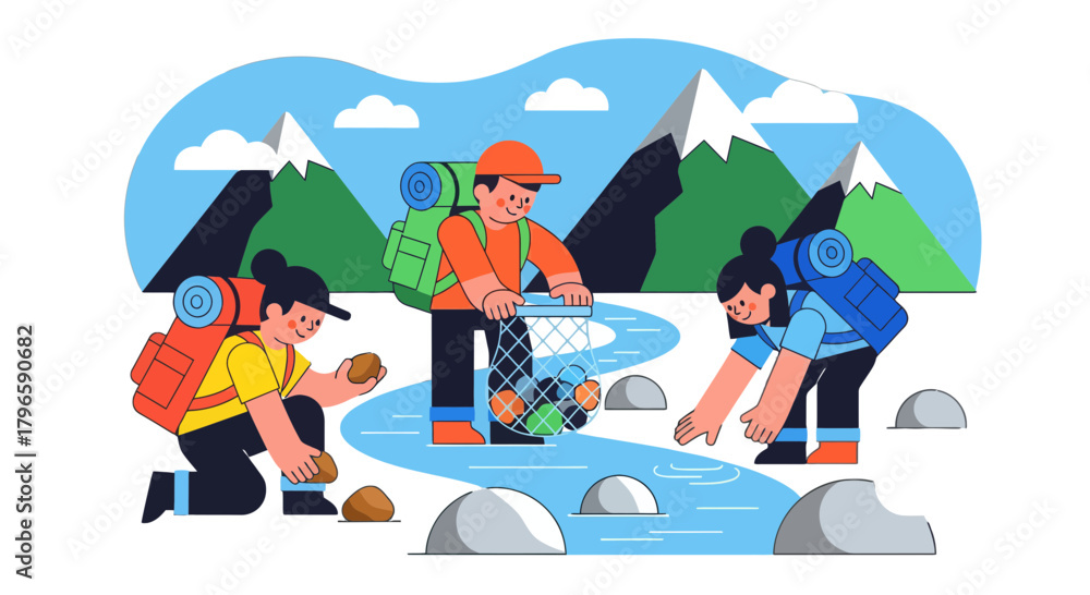 Fototapeta premium Group Of Adventurers Cleans Stream, Symbolizing Environmental Stewardship and Teamwork