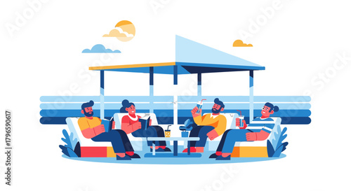 Friends Relaxing Together Outdoor Underneath a Simple Designed Shelter Illustration