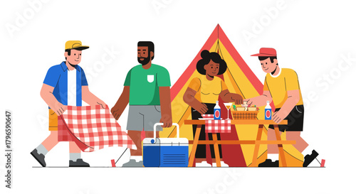 Friends Prepare Picnic In The Outdoors Next To The Tent And Enjoying The Moment