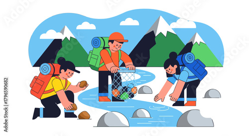 Group Of Adventurers Cleans Stream, Symbolizing Environmental Stewardship and Teamwork