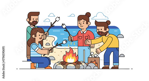 Friends Roasting Marshmallows Over a Campfire on Beach For Outdoor Recreation