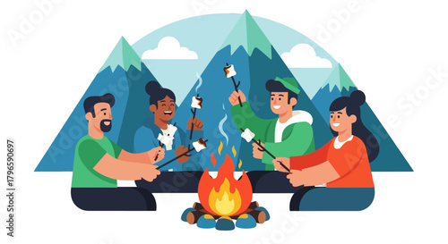 Friends Roasting Marshmallows Around A Campfire Under Mountainous Scenery