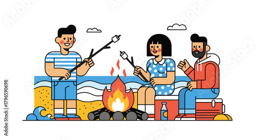 Friends Roasting Marshmallows Around A Campfire During A Beachside Summer Evening