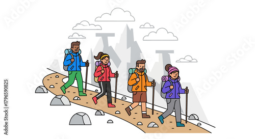 Group Of Adventurers Embarking On A Journey In The Mountains And Hiking