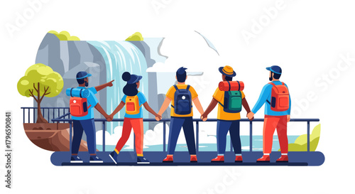 Group Of Adventurers Enjoying Scenic Waterfall View In The Late Evening Sky